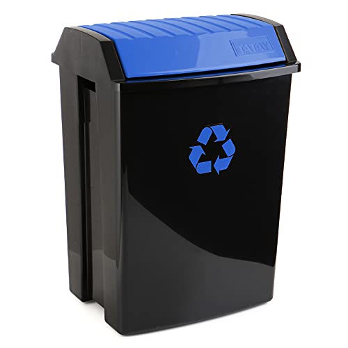 TATAY Recycling container, large capacity, with tilting lid. Black body and lid and recycling symbol in blue. Measures 40.5 X 33.5 X 57.5 cm. Made of polypropylene, resistant, anti-UV