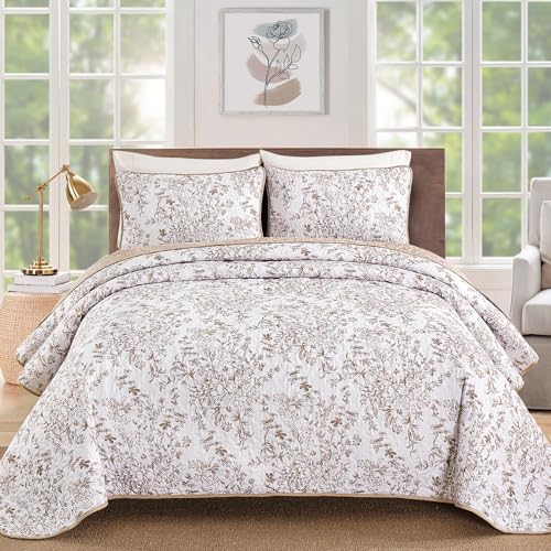 "WONGS BEDDING Quilt Set Cal King Size - Floral Printed, Polyester Coverlet, Breathable All-Season, Fits Cal King 110""x90"", Perfect for Bedroom Guest Room Home Decor"