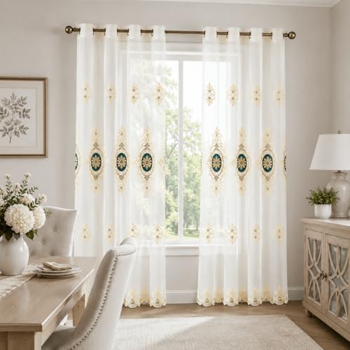 VOGOL YouYee Customized Simple Chenille Jacquard Sheer Window Elegance Curtains/drapes/panels/treatments for Bedroom Living Room,Top Grommets (2 Panels)