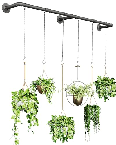 SOFITORG Plant Hanger Indoor, Hanging Planters Rod for Indoor Plants with 6 Hanging Chains, Wall Plant Hanging Rod for Window Ceiling, 65.7 Inch, Metal/Black, Pots Not Included