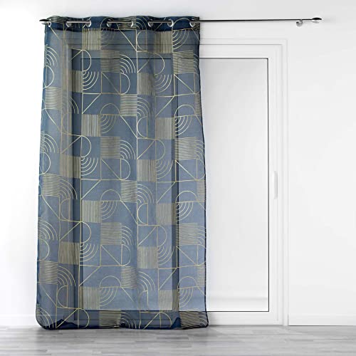 Douceur d'Intérieur, Net Curtain with Eyelets 140 x 240 cm Navy/Gold, Metallic Printed Sandblasted Voile Lineor