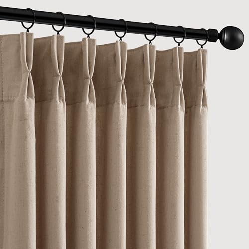 Taupe Memory Trained Pinch Pleated Curtains Drapes, Thick Linen Blend Privacy Light Filtering Window Curtains, Linen Textured Pleated Curtain with Hooks&Clips, Triple Pleat Memory Shape Curtain