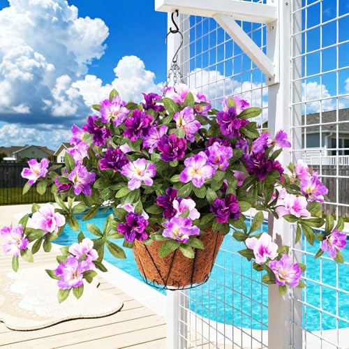 Ammyoo Artificial Hanging Flowers for Outdoors Hanging Baskets, 3 Pcs Fake Silk Flower with Hanging Baskets Planter for Spring Summer Garden Porch Patio Yard Outside Decor