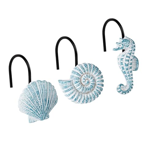 Sunlit Seashells Decorative Shower Curtain Hooks, Aqua Blue Ocean Creatures Coastal Shower Curtain Rings with Black Hooks, Resin, Nautical Bathroom Decoration Beach Shower Curtain Hooks, Set of 12