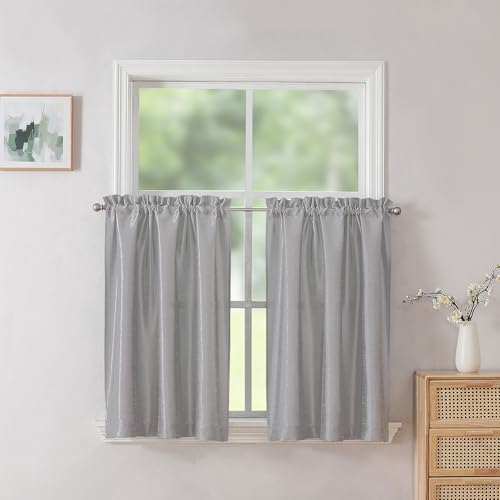 Chyhomenyc Uptown Gray Kitchen Tier Curtains 30 Inch Length, Room Darkening Faux Silk Slub Textured Cafe Curtains, Elegant Short Drapes for Bathroom Bedroom Small Windows, Each 30Wx30L Inch, 2PCS