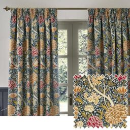 Morris&Co. Cray Pencil Pleat Curtain Pair – Lined Velvet Floral River-Inspired Drapes (Indigo/Berry - 229x229cm)