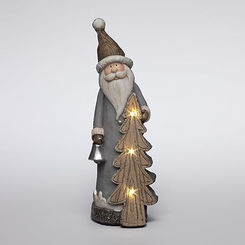 SHATCHI 50cm Santa with Xmas Tree Figurine Wood Effect Christmas Resin Battery Operated LEDs Sculpture Home Table Mantelpeice Decorations
