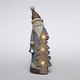 SHATCHI 50cm Santa with Xmas Tree Figurine Wood Effect Christmas Resin Battery Operated LEDs Sculpture Home Table Mantelpeice Decorations