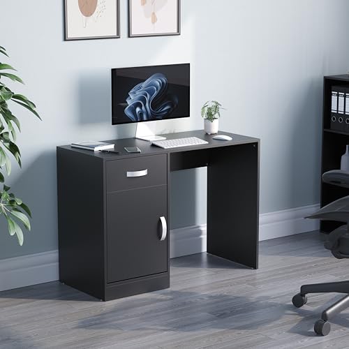Vida Designs Hudson Computer Desk with Drawer and Door, Home Office PC/Laptop Table, Gaming Study Workstation Storage Cupboard Furniture, Black