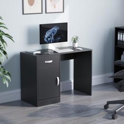Vida Designs Hudson Computer Desk with Drawer and Door, Home Office PC/Laptop Table, Gaming Study Workstation Storage Cupboard Furniture, Black