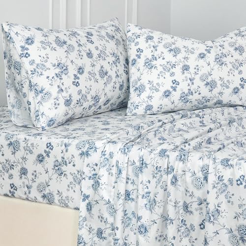 Zusbest Floral Bed Sheets Set Queen Size Percale Cotton Toile Sheets Blue French Country Bedding Flower Pattern Shabby Vintage Sheet, Ultra Soft&Crisp Luxury Deep Pocket Fitted Sheet 17.5'', 4Pcs