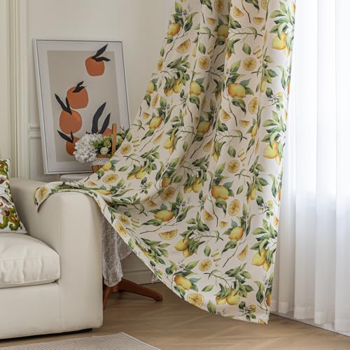 Erbnaryx 80% Blackout Curtains for Bedroom, Lemon Leaf Patterned Curtains 102 Inch Length for Living Room, Vintage Art Deco Drapes, Thermal Insulated Window Curtains Grommet 2 Panels