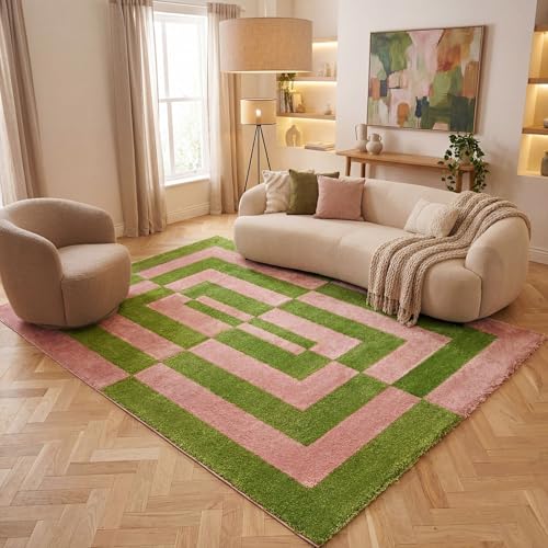 THE RUGS Joli Area Rug - Soft Dense Pile Modern Artistic Design, Durable & Easy Care Carpet for Living Room & Bedroom - Geometric Green & Pink, 120 x 170 cm