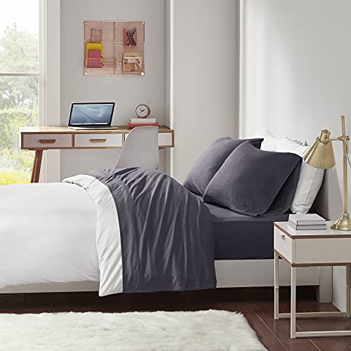 Intelligent Design ID Cotton Blend Jersey Knit King Bed Sheets, Coastal Cotton Bed Sheet, Dark Grey Bed Sheet Set 4-Piece Include Flat Sheet, Fitted Sheet & 2 Pillowcases