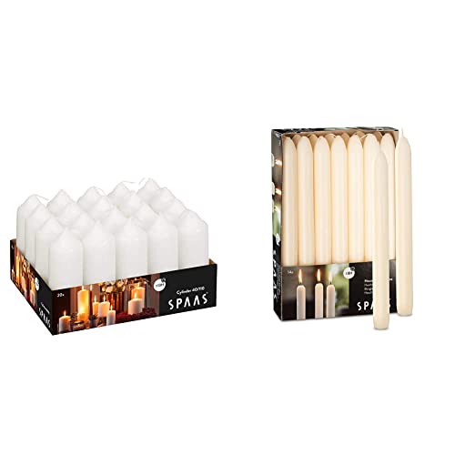 Spaas Tray of 20 Unscented Pillar Candles 40/110 mm, 13 Hours, White & 14 Tapered Dinner Candles 21/220 mm, ± 8 Hours, Unscented, Ivory