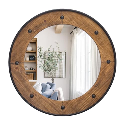 UPPER DECOR Rustic Round Wall Mirror 30 Inch, Natural Wood Frame with Black Metal Trim, Industrial Farmhouse Round Wood Mirror, Decorative Wall Mirror for Bathroom, Living Room, Entryway