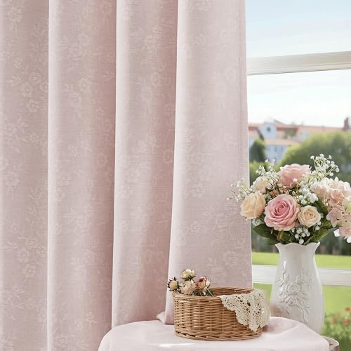 Beauoop Pink Floral Jacquard Blackout Curtains for Bedroom 52x84 2 Panels - Chenille Flower Room Darkening Drapes for Living Room Thermal Insulated 84 Inch Long Soundproof Window Treatment Grommet