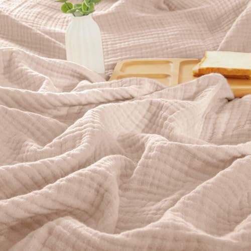 "PHF 100% Cotton Muslin Blanket Queen Size 90""x90"", 4-Layer Lightweight Gauze Throw, Breathable Cloud-Soft Minimalist Blanket for Bed, Couch, Camping & Baby, Light Pink"