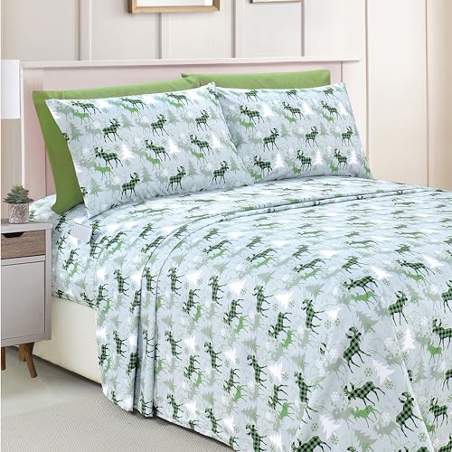 Elegant Comfort Luxury Soft Bed Sheets Holiday Pattern 1500 Premium Hotel Quality Microfiber - Softness Wrinkle and Fade Resistant (6-Piece) Bedding Set, King, Plaid Moose Green