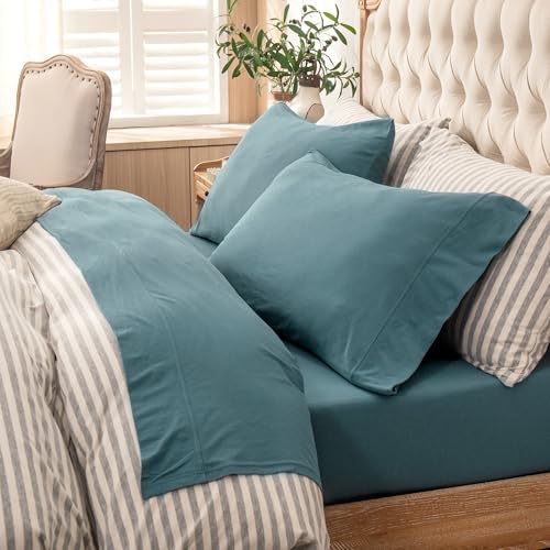 PURE ERA Jersey Knit 3pc Single Bed Sheets Set 100% T-Shirt Cotton Super Soft Comfy Breathable Fits Mattress Up to 20'' Extra Deep Pocket (Solid Cerulean Blue,Twin)