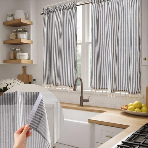 Jilron No Drill Farmhouse Rustic Linen Kitchen Curtains with Tassels??? Striped Tier Drapes with Rod Pocket for Cafe & Small Window Treatments-Black Stripes(W 34*L 45in-2-Panel)