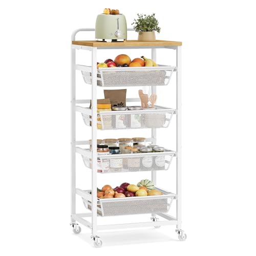 VASAGLE 5-Tier Storage Trolley with Pull-Out Baskets, Kitchen Shelf with Wheels, Handle, 31.7 x 40 x 95 cm, Golden Oak and Matte White LRC041YA01