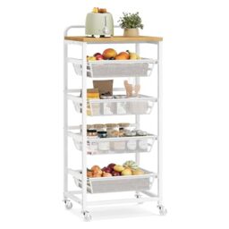 VASAGLE 5-Tier Storage Trolley with Pull-Out Baskets, Kitchen Shelf with Wheels, Handle, 31.7 x 40 x 95 cm, Golden Oak and Matte White LRC041YA01
