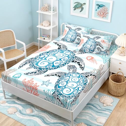 HOSIMA Sea Turtle Bedding Set,Coastal Beach Themed Bedroom Fitted Sheet Queen Size for Kids Teen Girls Boys Room Decor,1 Fitted Sheet+2 Pillowcases.
