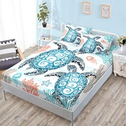 HOSIMA Sea Turtle Bedding Set,Coastal Beach Themed Bedroom Fitted