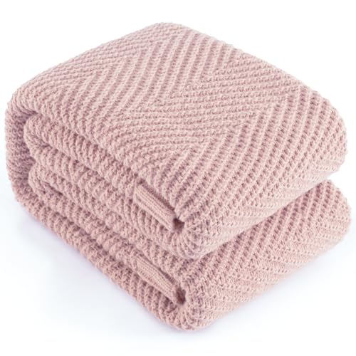 LONG CREATE Knitted Throw Blanket for Couch, 50X60 Chevron Bed Knit Throws - Dusty Pink Lightweight Living Room Decor, Super Soft Boho Bedding Blankets, Cozy Herringbone Textured, Chair Sofa Cover