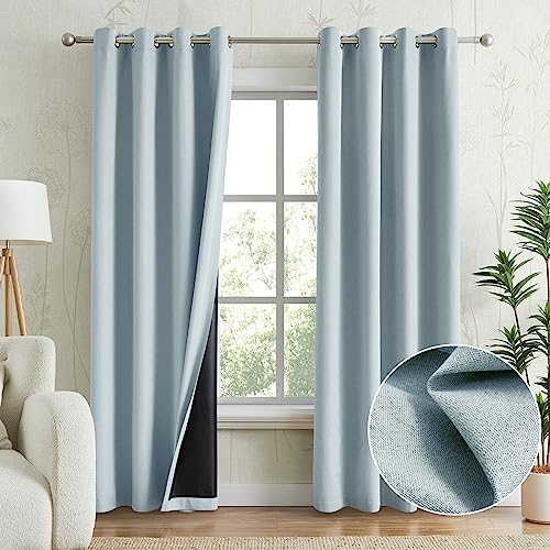 Anpark Light Blue 100% Blackout Window Treatments Curtains for Bedroom, Thermal Insulated Linen Look Grommet Window Curtain Drapes with Black Back for Living Room, 52 x 84 Inch Length, 2 Panels