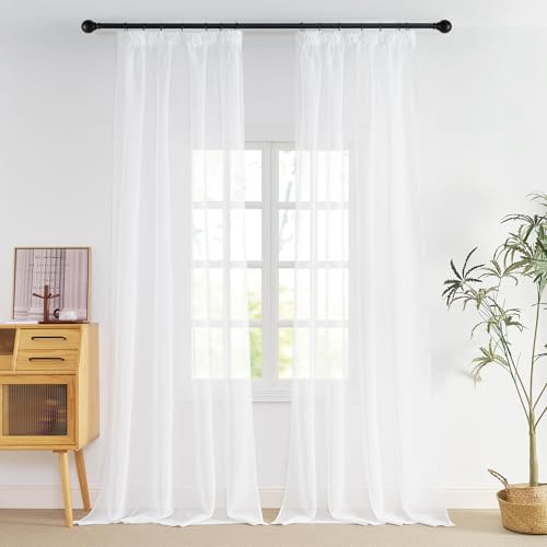 NICETOWN White Net Curtains Set of 2, 140 x 260 cm (Width x Height) with Ruffle Trim, Semi-Transparent Luminous for Doors, Living Room, Bedroom, Home, Window Decoration