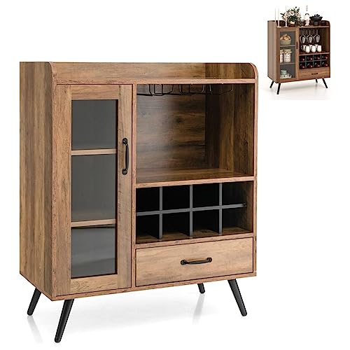 GiantexUK Wine Cabinet, Wooden Buffet Sideboard with Shelves, Removable Wine Racks, Drawer, Glass Holder & Door, Industrial Kitchen Storage Cupboard for Home Bar Dining Living Room