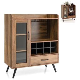 GiantexUK Wine Cabinet, Wooden Buffet Sideboard with Shelves, Removable Wine Racks, Drawer, Glass Holder & Door, Industrial Kitchen Storage Cupboard for Home Bar Dining Living Room