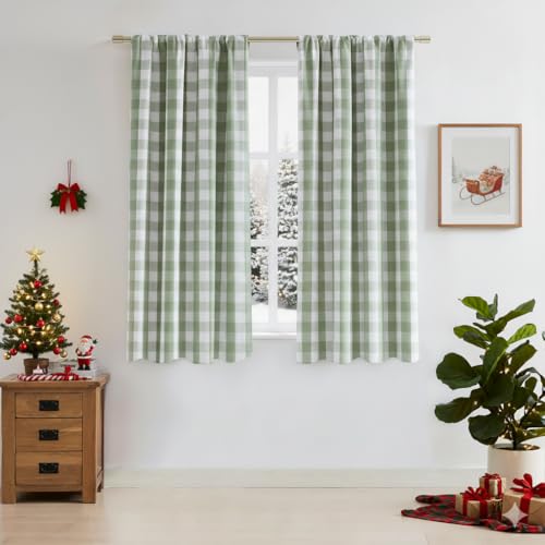 "Bapawfish Short Farmhouse Buffalo Plaid Blackout Curtains with Liner - Sage Green Drapes for Bedroom Living Room,Energy Efficient Thermal Insulate Window Treatment,Rod Pocket Back Tabs,40""Wx63""Lx2"