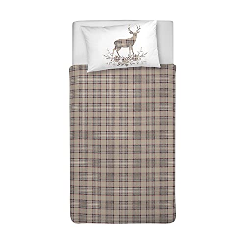PENSIERI DELICATI Single Duvet Cover Set 100% Cotton, Complete with Bag 155 x 200 cm and 1 Pillowcase 52 x 82 cm, Made in Italy, Duvet Cover Machine Washable At 40 °, Tartan Beige