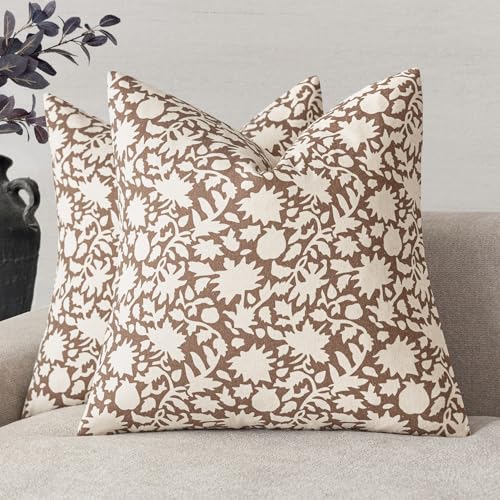 Foindtower Set of 2 Decorative Neutral Floral Throw Pillow Covers Accent Farmhouse Cushion Covers Boho Pillowcase for Couch Sofa Bedroom Living Room Home Decor,22??22 Inch,Light Orange Brown