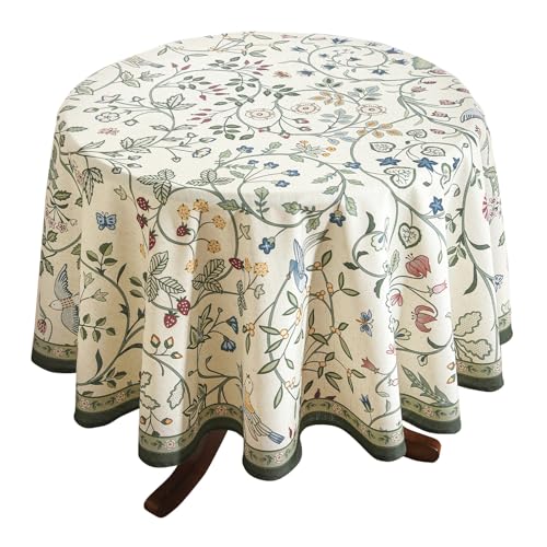bilin gaier Linen 67 Inch Round Tablecloth,Wrinkle Resistant French White and Green Tablecloth Print with Froal,Decor Stitch Table Cloth for Thanksgiving,Christmas,Dining Room,Home,-Idaho A