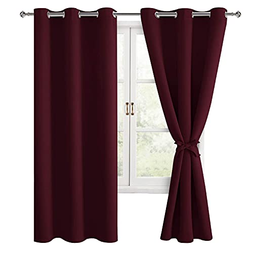 Hiasan Blackout Curtains for Bedroom, 38 x 72 Inches Long - Thermal Insulated & Light Blocking Window Curtains for Living Room Christmas Decor, 2 Drape Panels Sewn with Tiebacks, Burgundy