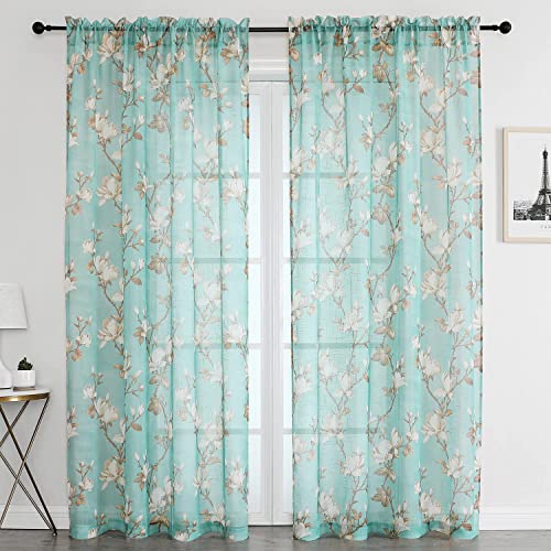 SMILE WEAVER Aqua Floral Semi Sheer Curtains 63 Inch Rod Pocket 2 Panels - Stylish Floral Design, Linen Textured - Light Filtering - 63 Inches Length - Living Room Bedroom Kitchen