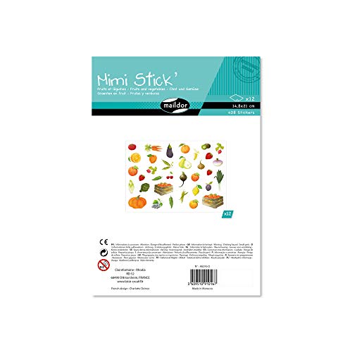 Maildor AE016O - Mimi'Stick STICKERS - Bumper Pack of 12 sheets - Dimensions: 21 cm x 16 cm - FRUITS AND VEGETABLES DESIGN (Approx. 408 stickers Included)