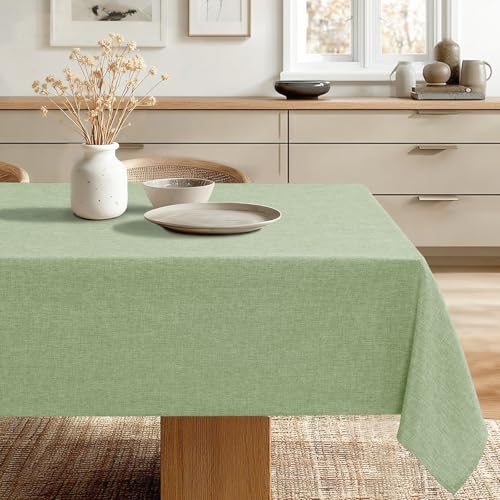 JIUZHEN Rectangle Table Cloth Faux Linen Farmhouse Tablecloth Wrinkle and Stain Resistant Decorative Fabric Table Cover for Kitchen, Dining Room, Parties and Camping, Sage Green, 60 x 140 Inch