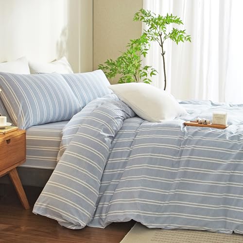 MWL Toy Duvet Cover Full Size Blue White Striped Duvet Cover Set Washed Cotton Linen Feel Chic Bedding Set for All Seasons Breathable Durable Textured (Wide Striped QLBT)