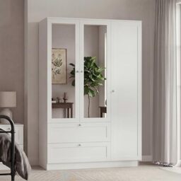 Vida Designs Altino 3 Door 2 Drawer Mirrored Wardrobe - White - Bedroom Furniture - 170H x 116W x 53D cm - With Storage Shelf & Hanging Rail - Large Capacity Storage