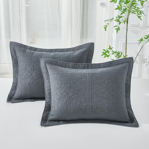 WINLIFE 100% Cotton Quilted Pillow Sham Floral Printed Pillow Cover Set of 2 (King Size, Dark Grey)