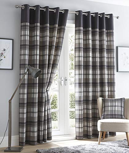 "Portfolio Orleans Check Striped Fully Lined Eyelet Ring Top Curtains - Charcoal Grey 46"" Wide x 54"" Drop"