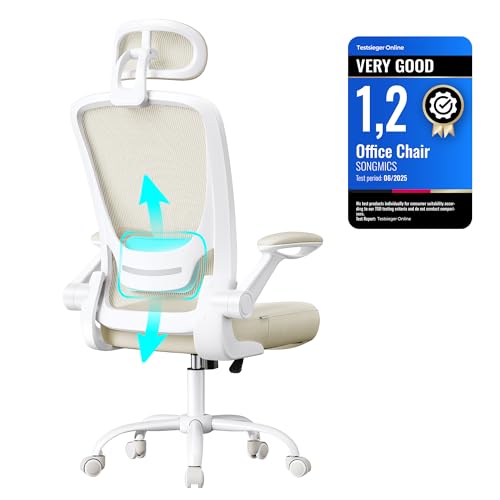 SONGMICS Office Chair, Ergonomic Mesh Desk Chair, Flip-Up Armrests - Thick Sponge Cushion, 90-105?? Tilt, 64 x 64 x (115-130) cm, for Home Office, Tan, Kime Collection OBN047K02