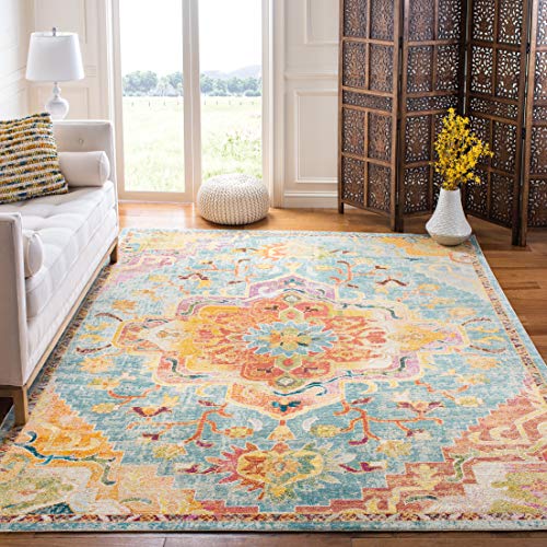 Safavieh Boho Rug for Living Room, Dining Room, Bedroom - Crystal Collection, Short Pile, in Blue and Orange, 213 X 213 cm