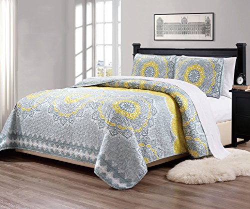 "Fancy Collection 3 Pc Full/Queen Over Size Quilted Bedspread Set Yellow Coastal Plain/""Gray Green"" White Elegant Design New"