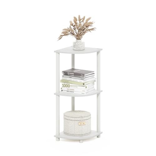 Furinno TURN-N-TUBE Corner Shelf, 3-Tier Corner Bookshelf, Display Storage Shelves with Open Shelves, for Organization and Storage, Living Room, Home Office, Garage, White